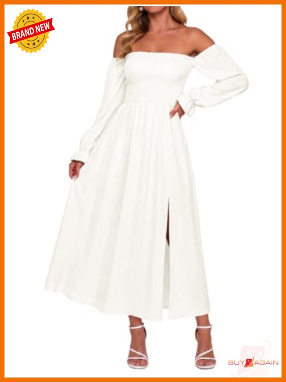 Off Shoulder Puff Sleeve Maxi Dress Smocked Waist Flowy Boho